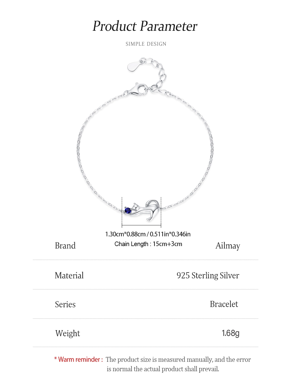 Blue Zircon Ball Lovely Cat Chain Bracelet 925 Sterling Silver
