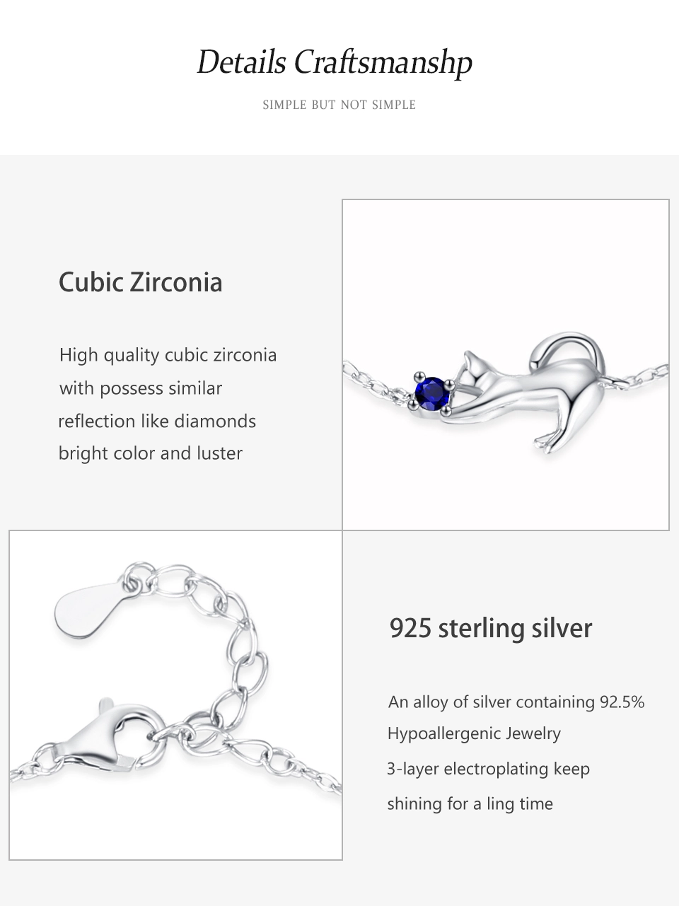 Blue Zircon Ball Lovely Cat Chain Bracelet 925 Sterling Silver
