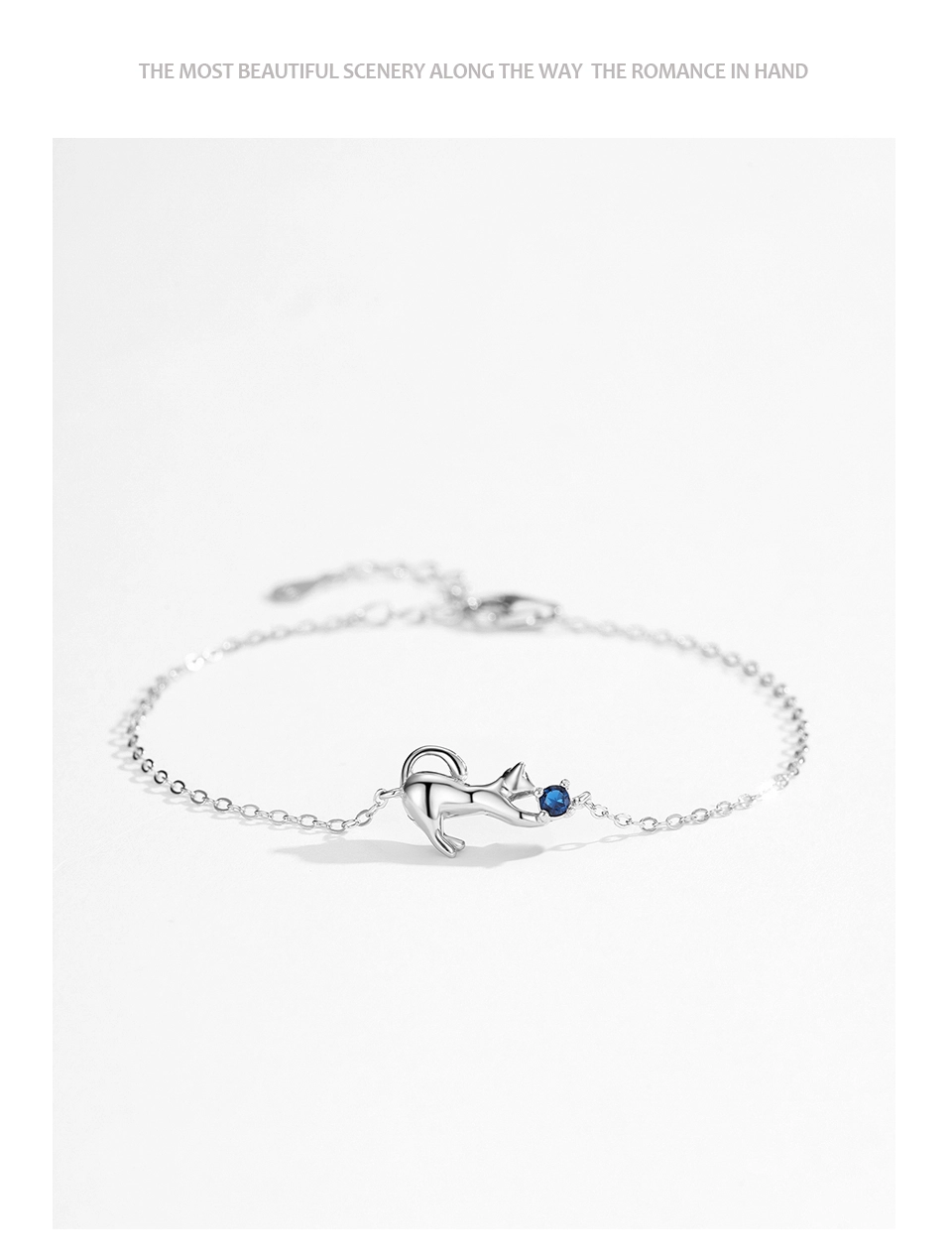 Blue Zircon Ball Lovely Cat Chain Bracelet 925 Sterling Silver