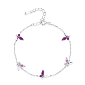 Shiny Pink Zircon Butterfly Chain Bracelet 925 Sterling Silver