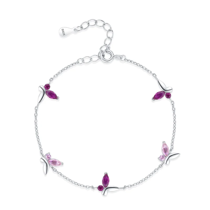 Shiny Pink Zircon Butterfly Chain Bracelet 925 Sterling Silver