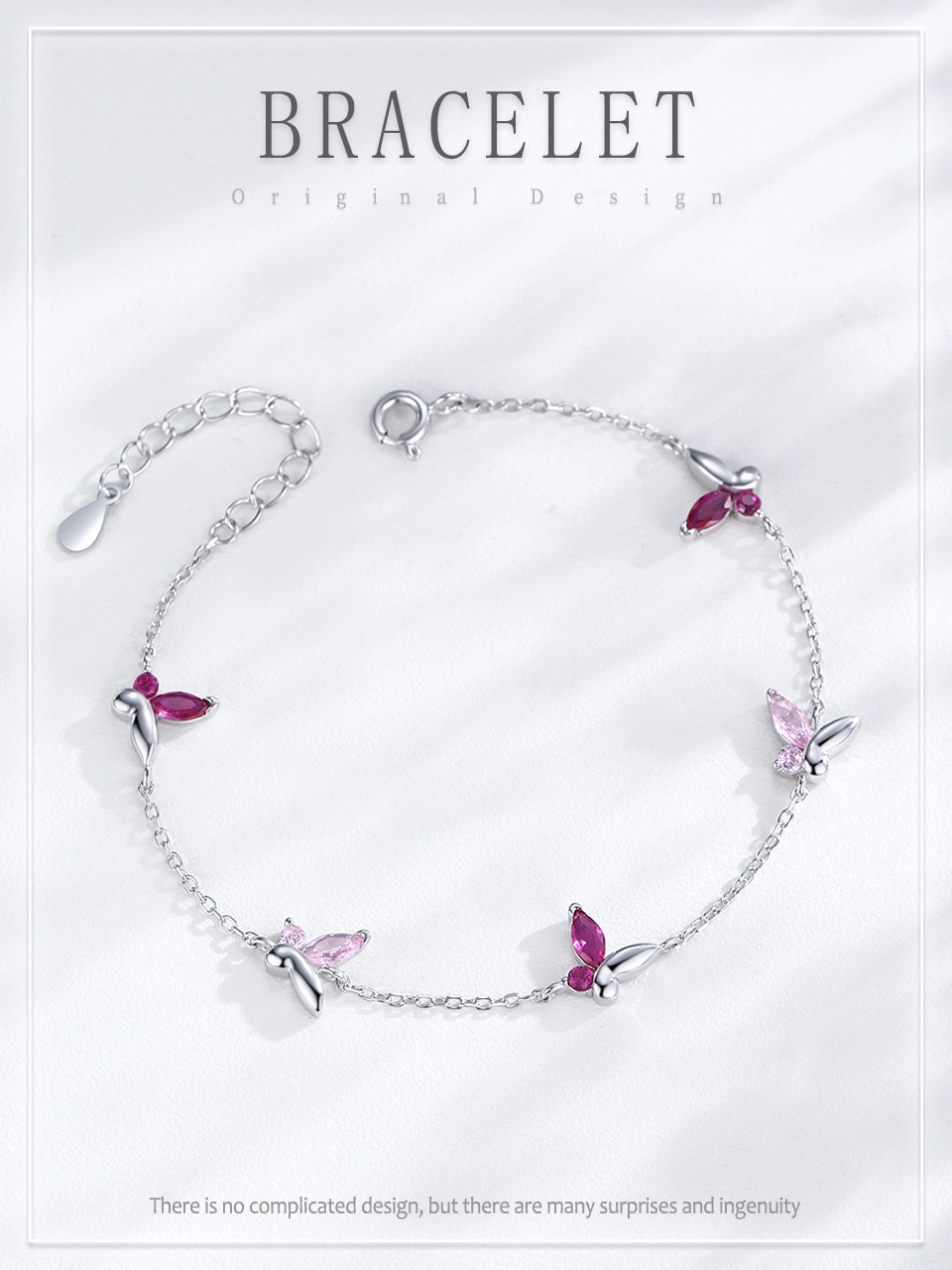 Shiny Pink Zircon Butterfly Chain Bracelet 925 Sterling Silver