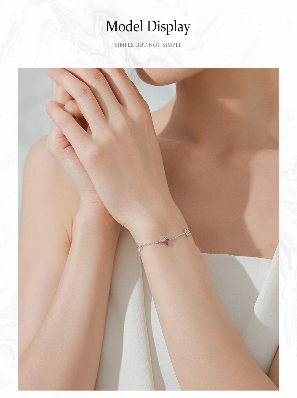 Shiny Pink Zircon Butterfly Chain Bracelet 925 Sterling Silver
