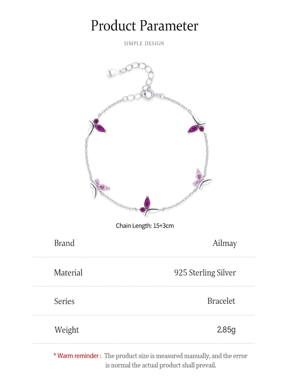 Shiny Pink Zircon Butterfly Chain Bracelet 925 Sterling Silver