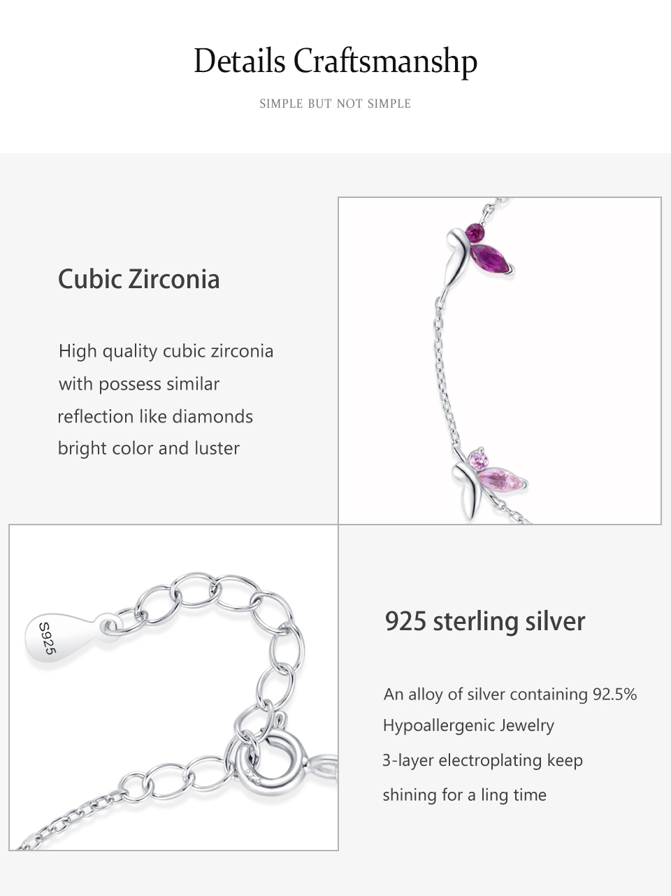 Shiny Pink Zircon Butterfly Chain Bracelet 925 Sterling Silver