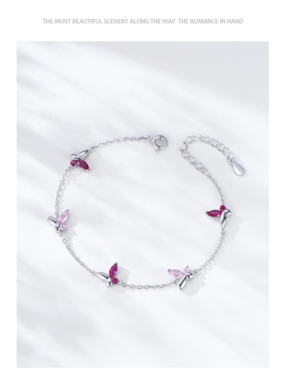 Shiny Pink Zircon Butterfly Chain Bracelet 925 Sterling Silver
