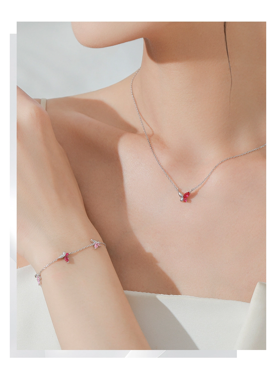 Shiny Pink Zircon Butterfly Chain Bracelet 925 Sterling Silver