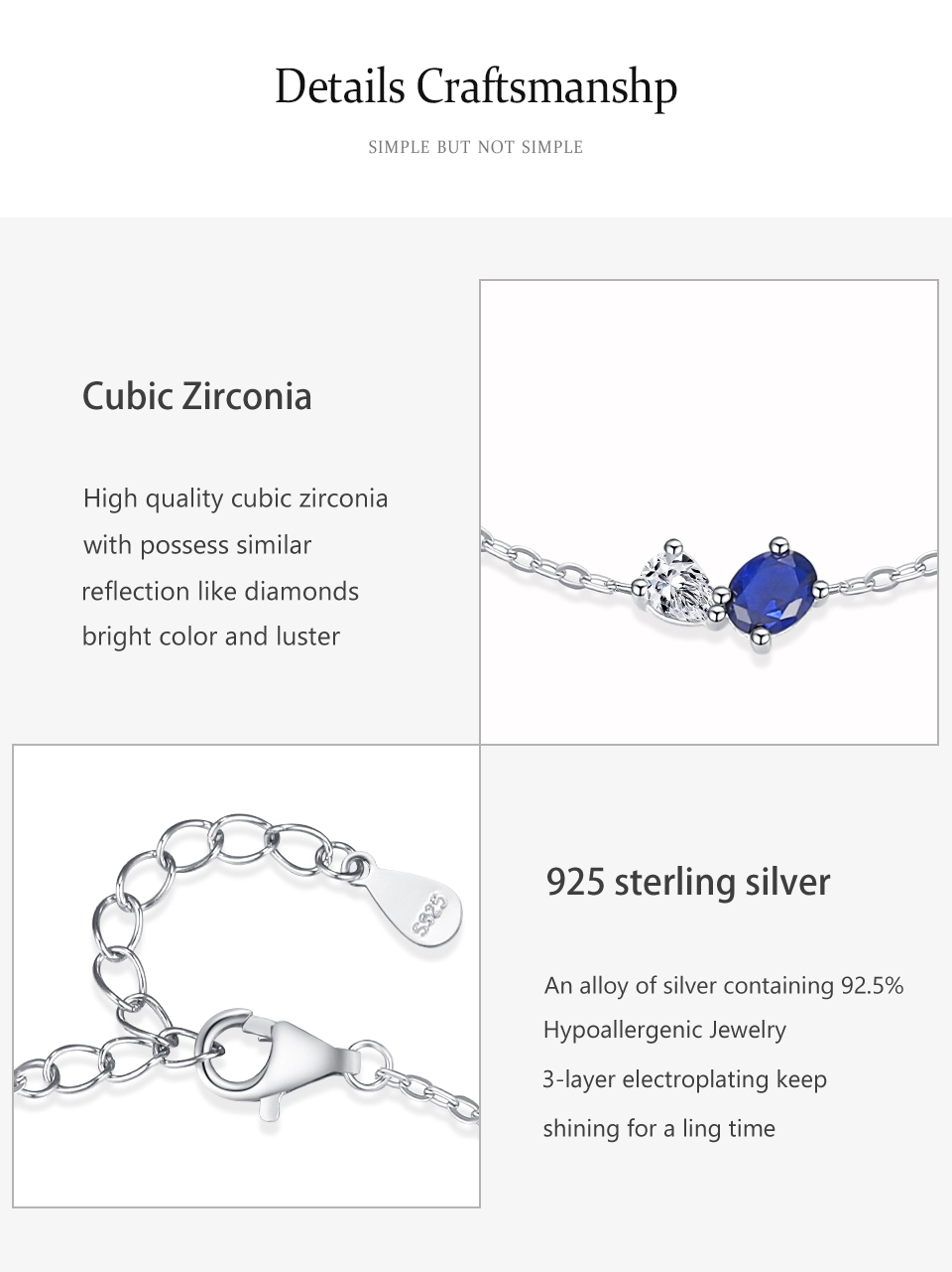 White Blue Zircon Geometric Chain Bracelet 925 Sterling Silver