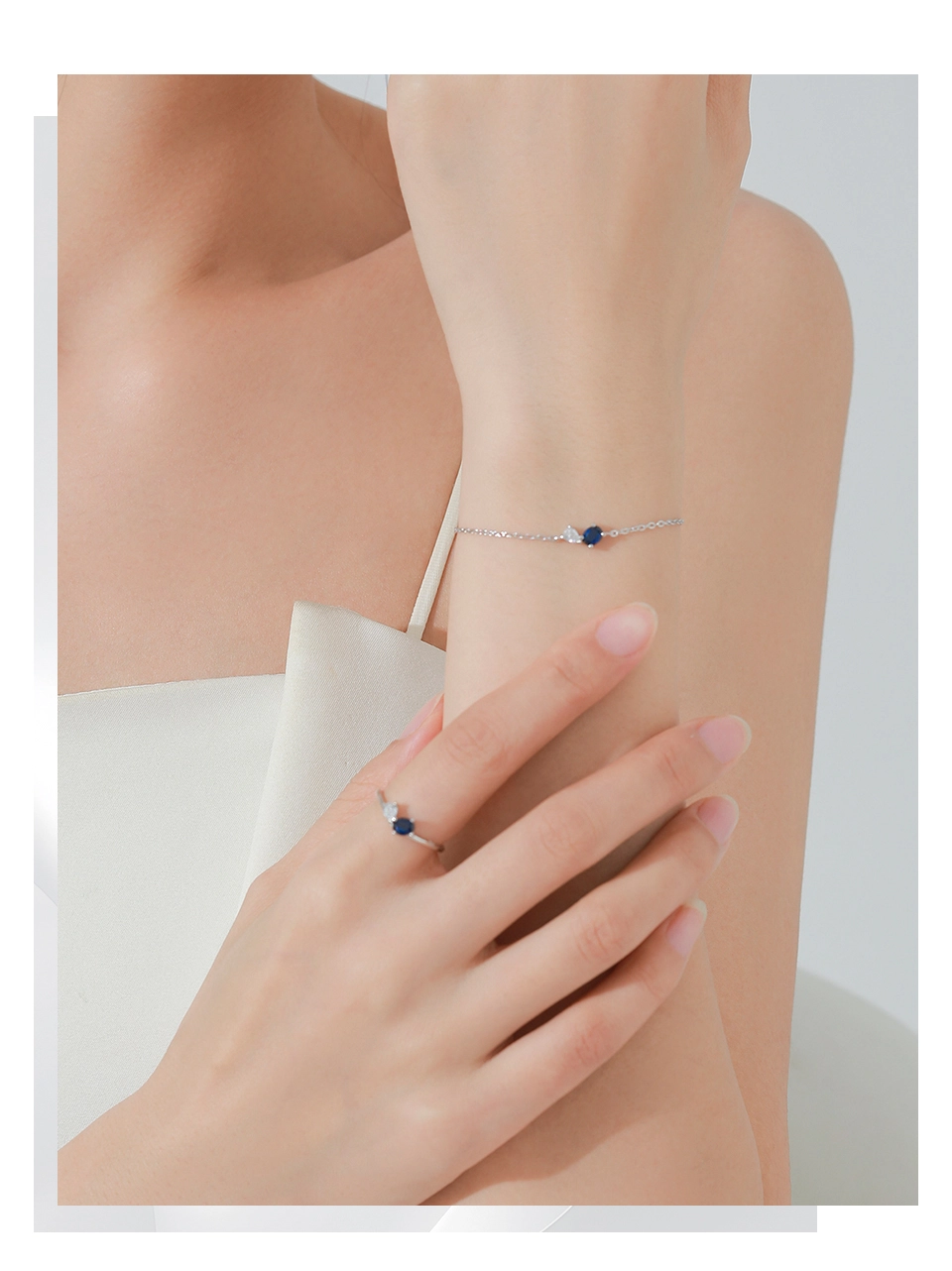 White Blue Zircon Geometric Chain Bracelet 925 Sterling Silver