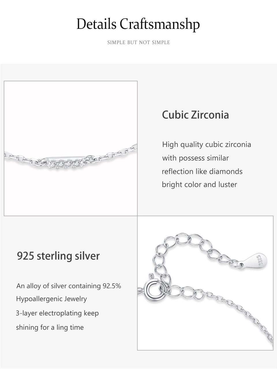 Dazzling Zircon Adjustable Link Chain Bracelet 925 Sterling Silver