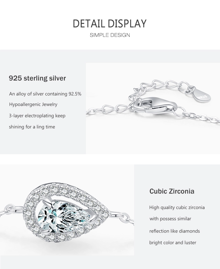 Water Drop Pear Shape Zirconia Link Chain Bracelet 925 Sterling Silver