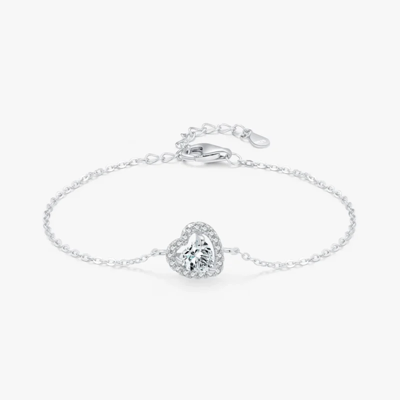 1.0ct Heart Zirconia Link Chain Charm Bracelet 925 Sterling Silver