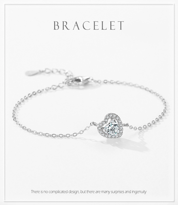 1.0ct Heart Zirconia Link Chain Charm Bracelet 925 Sterling Silver