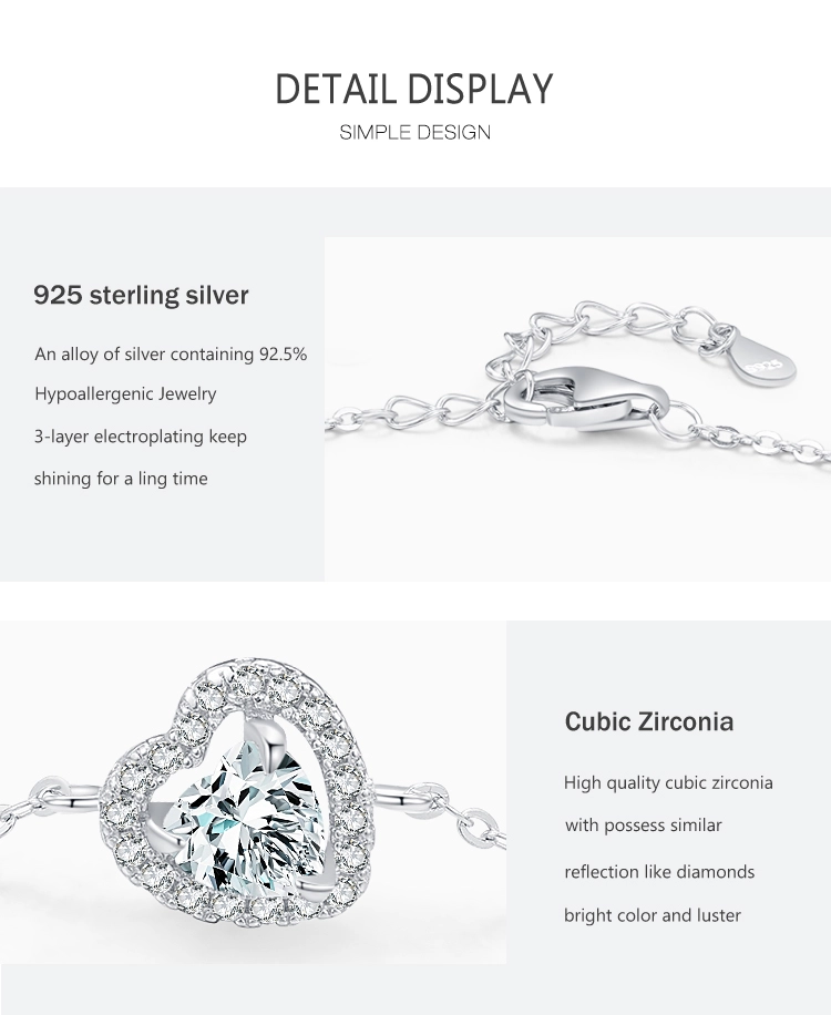1.0ct Heart Zirconia Link Chain Charm Bracelet 925 Sterling Silver