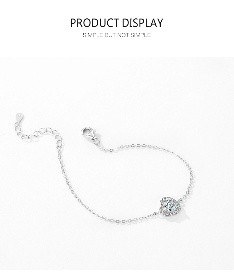 1.0ct Heart Zirconia Link Chain Charm Bracelet 925 Sterling Silver