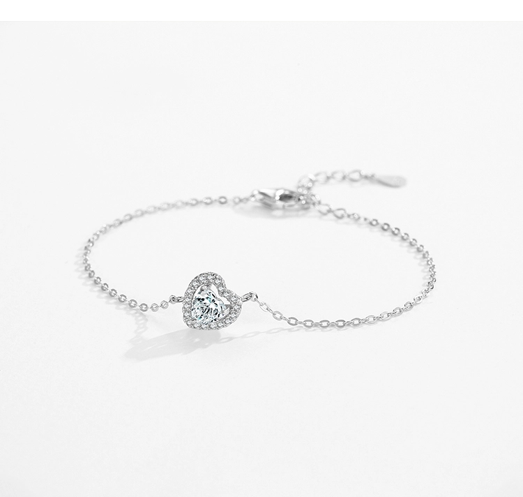 1.0ct Heart Zirconia Link Chain Charm Bracelet 925 Sterling Silver