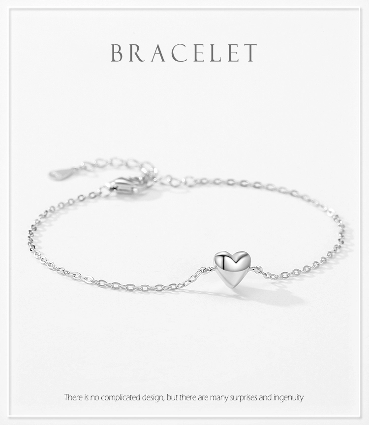 Smooth Heart Charm Link Chain Adjustable Bracelet 925 Sterling Silver