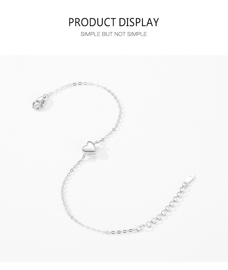 Smooth Heart Charm Link Chain Adjustable Bracelet 925 Sterling Silver