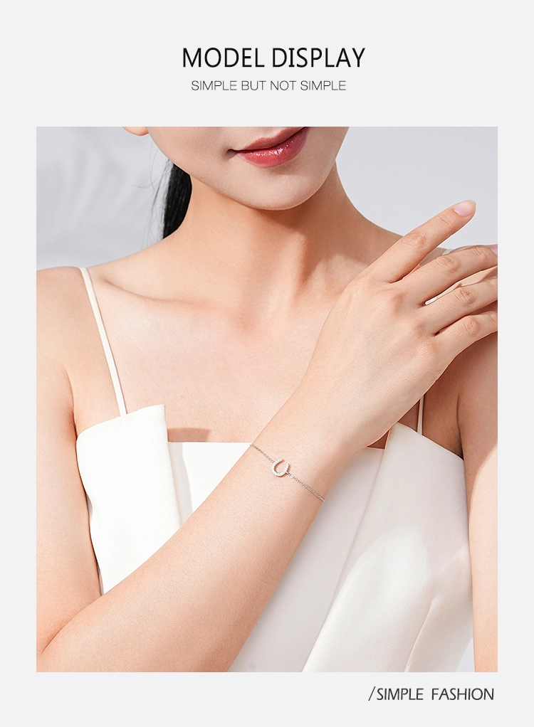 U Shape Shiny CZ Adjustable Chain Bracelet 925 Sterling Silver