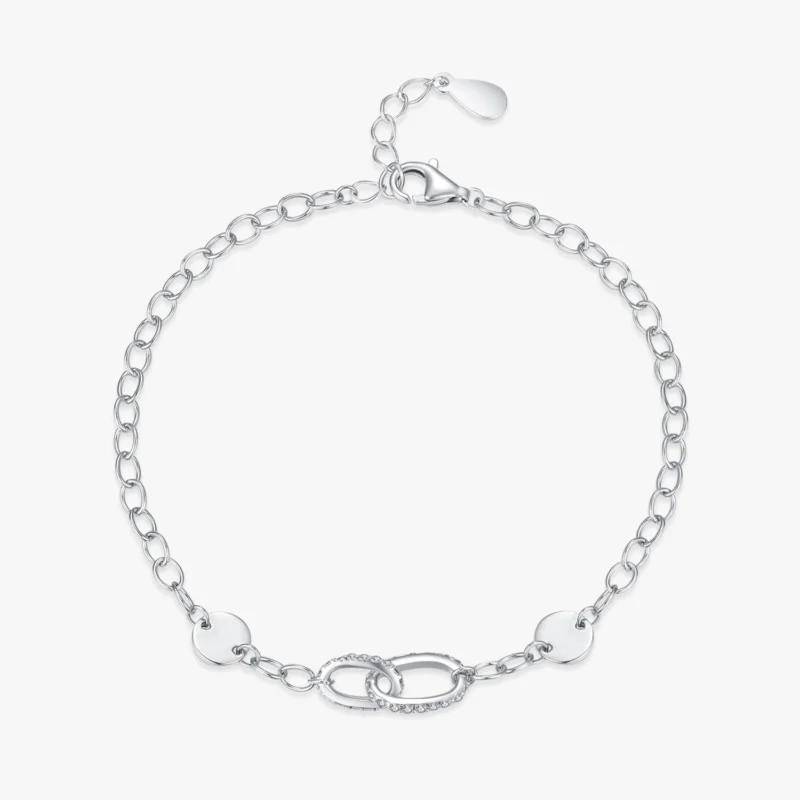 Simple Charm Zirconia Double Ring Bracelet Chain Link 925 Sterling Silver