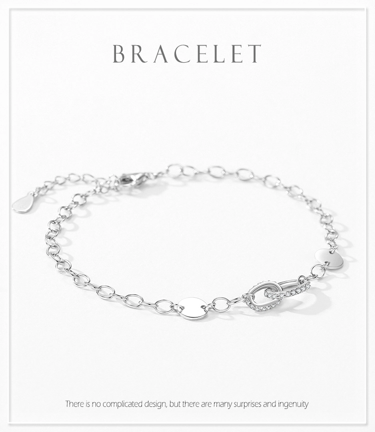 Simple Charm Zirconia Double Ring Bracelet Chain Link 925 Sterling Silver