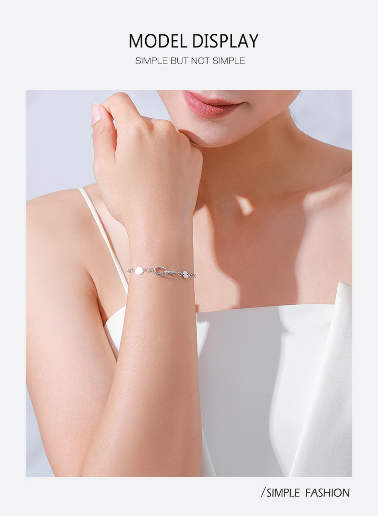Simple Charm Zirconia Double Ring Bracelet Chain Link 925 Sterling Silver