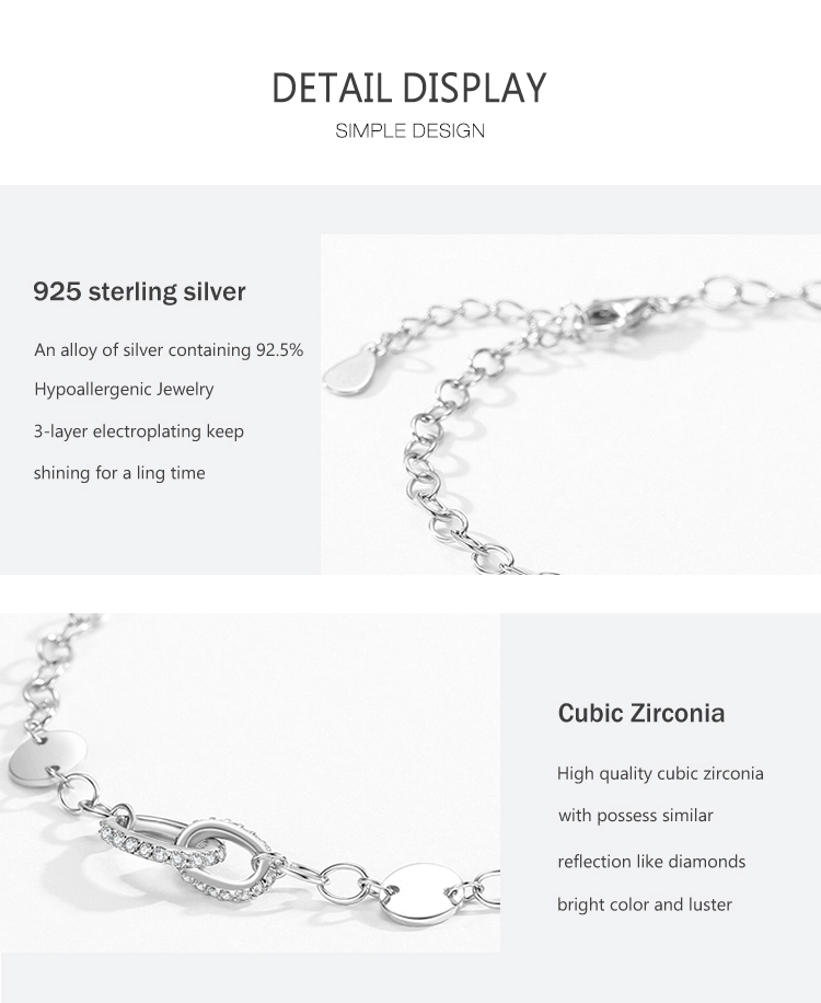 Simple Charm Zirconia Double Ring Bracelet Chain Link 925 Sterling Silver