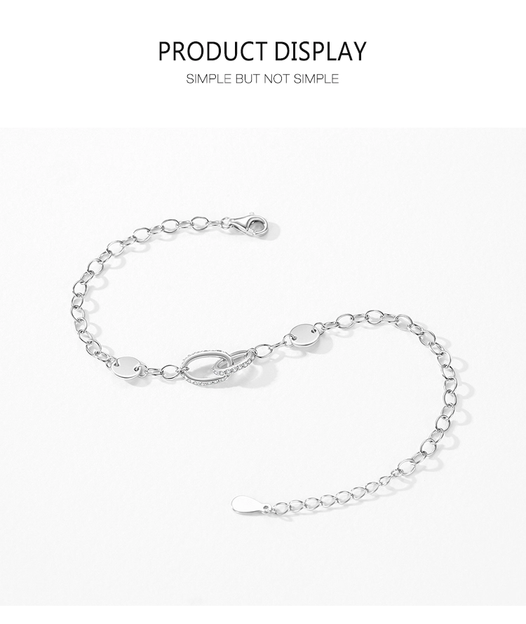 Simple Charm Zirconia Double Ring Bracelet Chain Link 925 Sterling Silver
