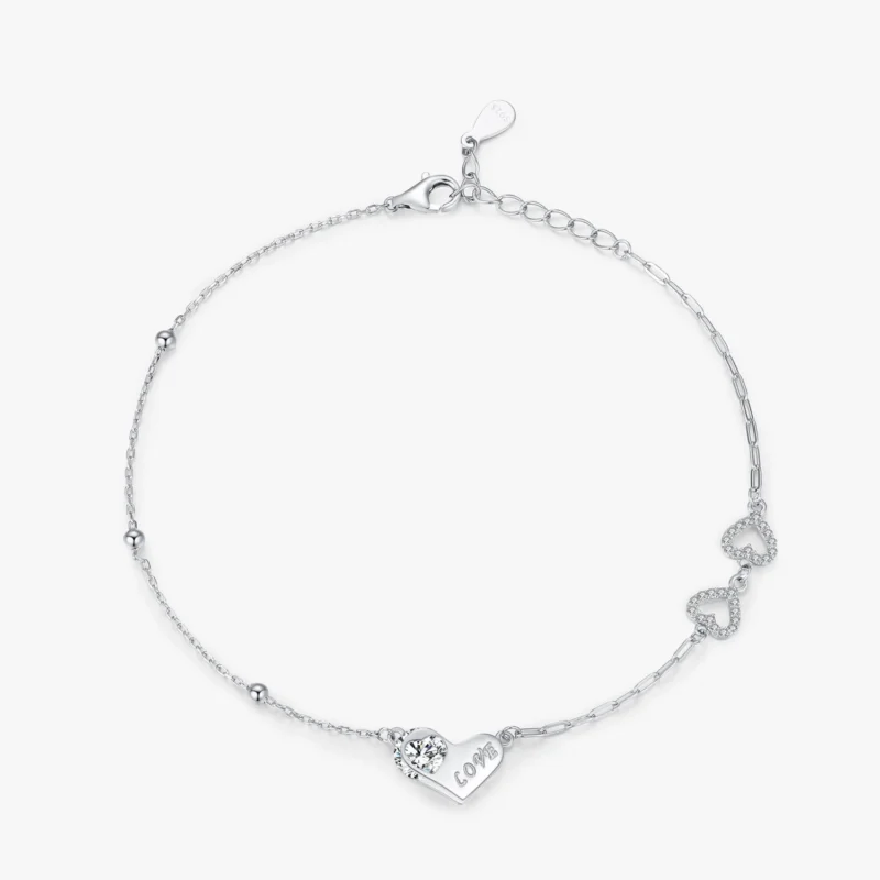 Charm Romantic Love Heart CZ Chain Link Bracelet 925 Sterling Silver