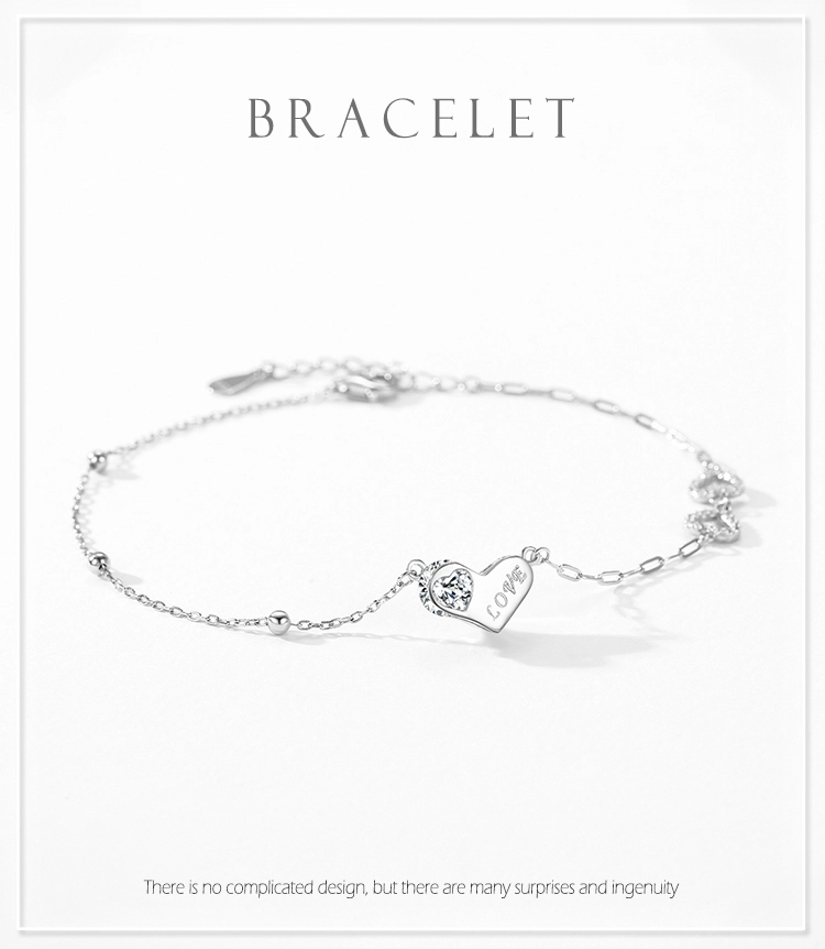 Charm Romantic Love Heart CZ Chain Link Bracelet 925 Sterling Silver