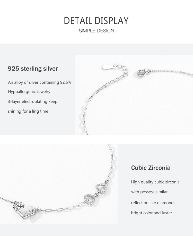 Charm Romantic Love Heart CZ Chain Link Bracelet 925 Sterling Silver