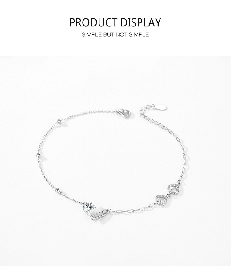 Charm Romantic Love Heart CZ Chain Link Bracelet 925 Sterling Silver