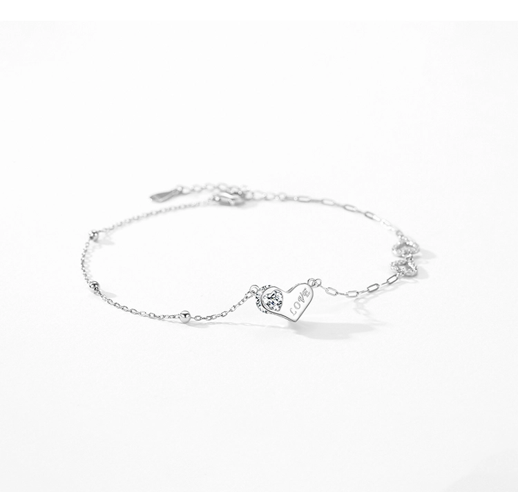 Charm Romantic Love Heart CZ Chain Link Bracelet 925 Sterling Silver