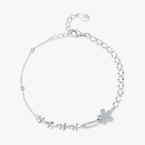 Flower Clear Zircon Adjustable Link Chain Bracelet 925 Sterling Silver