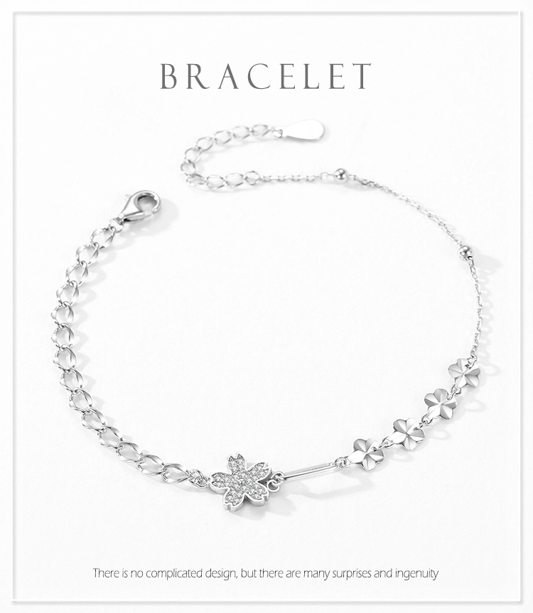 Flower Clear Zircon Adjustable Link Chain Bracelet 925 Sterling Silver
