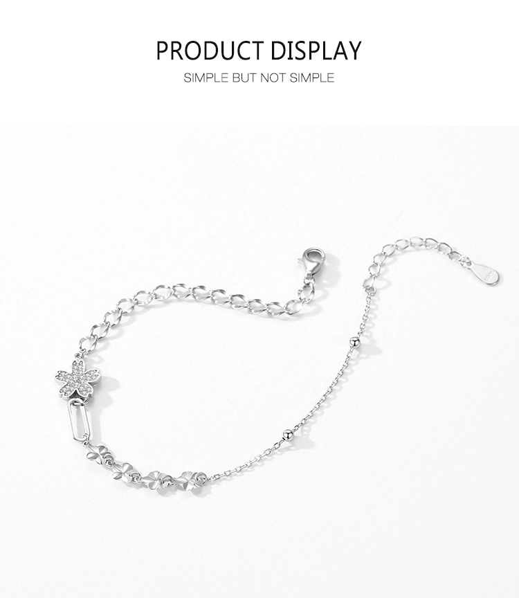 Flower Clear Zircon Adjustable Link Chain Bracelet 925 Sterling Silver