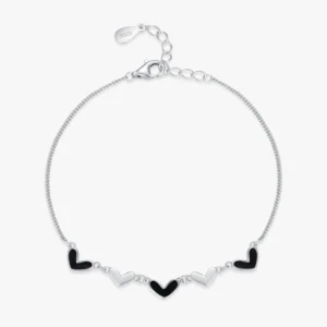 Black Enamel Hearts Adjustable Bracelets 925 Sterling Silver