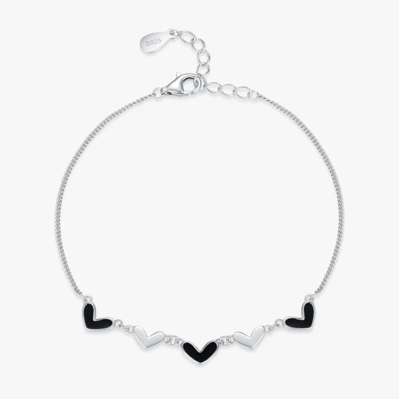 Black Enamel Hearts Adjustable Bracelets 925 Sterling Silver