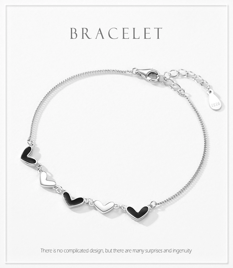 Black Enamel Hearts Adjustable Bracelets 925 Sterling Silver