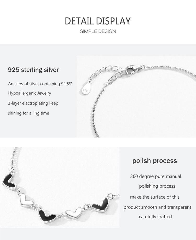 Black Enamel Hearts Adjustable Bracelets 925 Sterling Silver