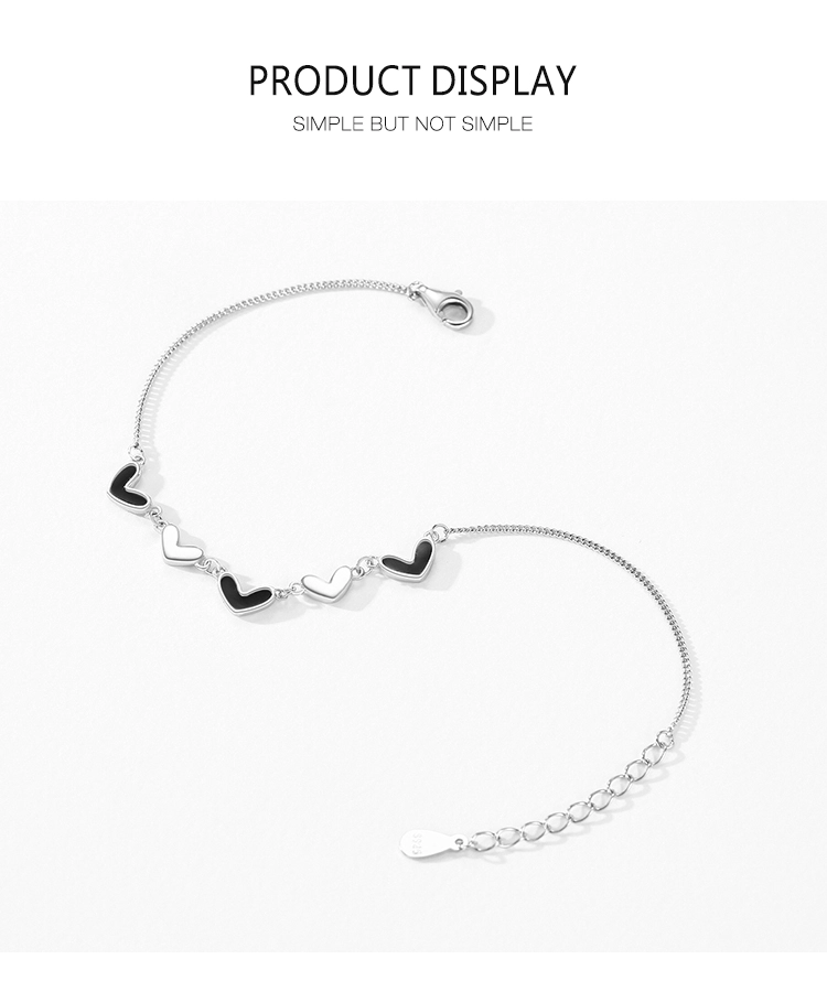 Black Enamel Hearts Adjustable Bracelets 925 Sterling Silver