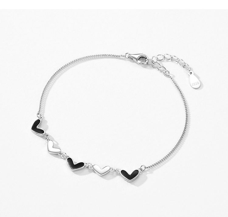 Black Enamel Hearts Adjustable Bracelets 925 Sterling Silver