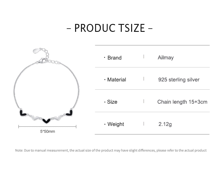 Black Enamel Hearts Adjustable Bracelets 925 Sterling Silver