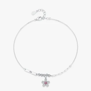 Elegant Romantic Pink Zircon Flower Link Bracelets 925 Sterling Silver