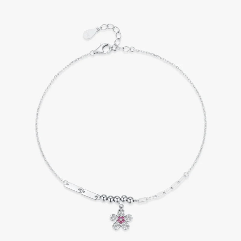 Elegant Romantic Pink Zircon Flower Link Bracelets 925 Sterling Silver