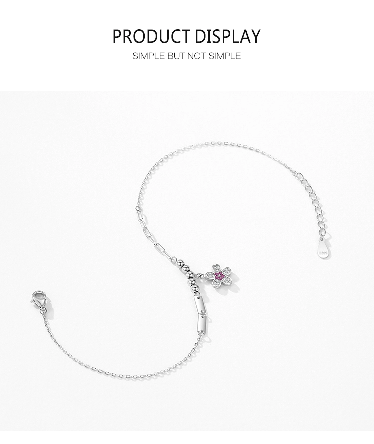 Elegant Romantic Pink Zircon Flower Link Bracelets 925 Sterling Silver