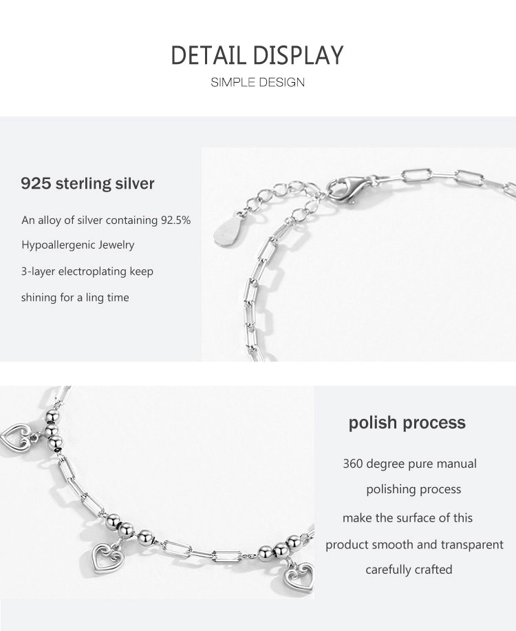 Heart Bracelet Adjustable Chain Link 925 Sterling Silver