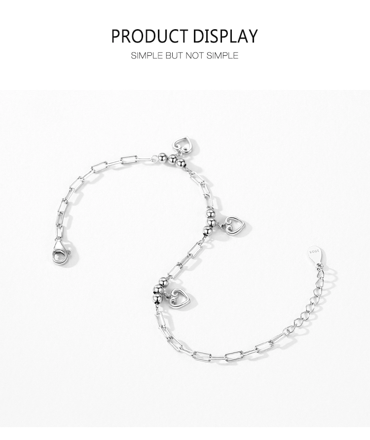 Heart Bracelet Adjustable Chain Link 925 Sterling Silver