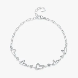 Heart Cubic Zirconia Adjustable Bracelet Chain Link 925 Sterling Silver