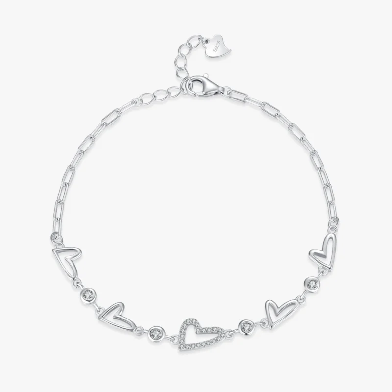 Heart Cubic Zirconia Adjustable Bracelet Chain Link 925 Sterling Silver
